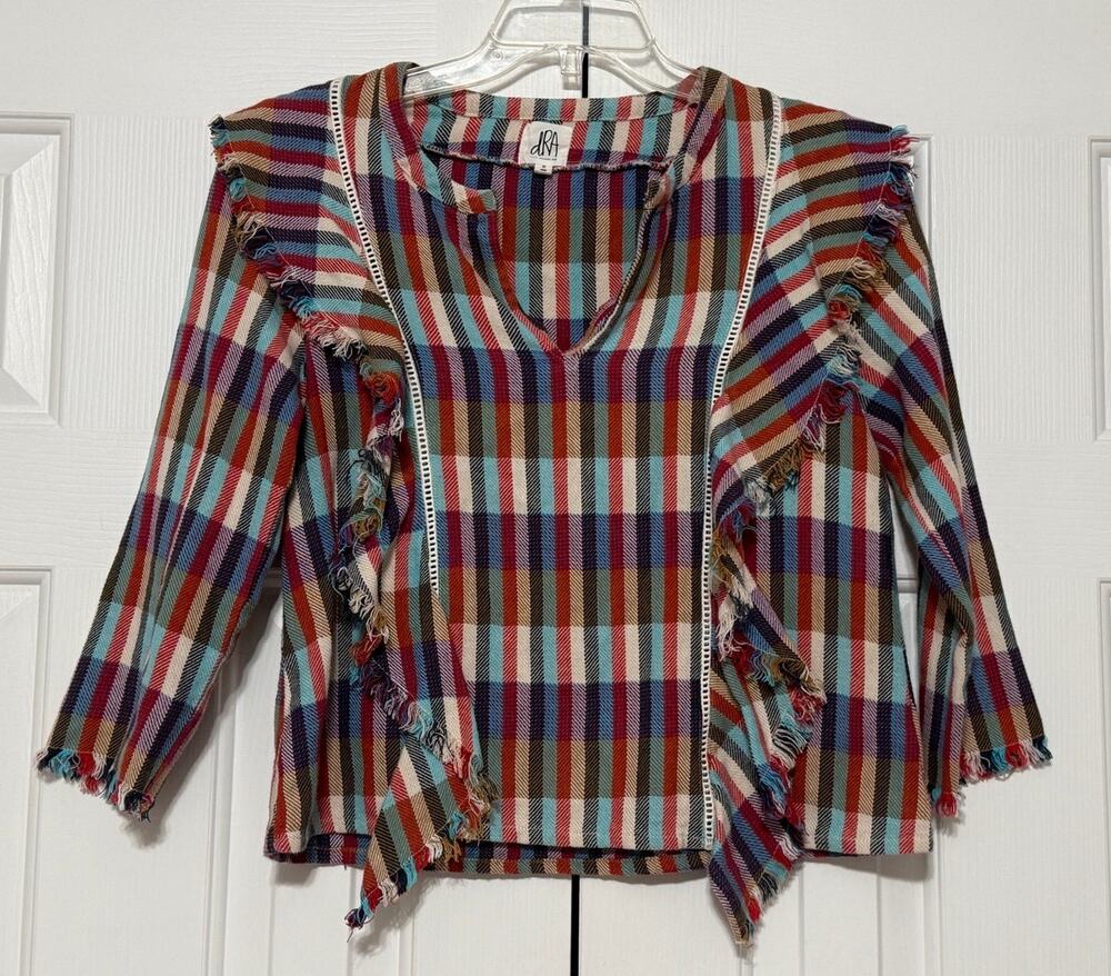 dRA Anthropologie Kelsey Plaid Fringe Top/Tunic/Blouse, Size S